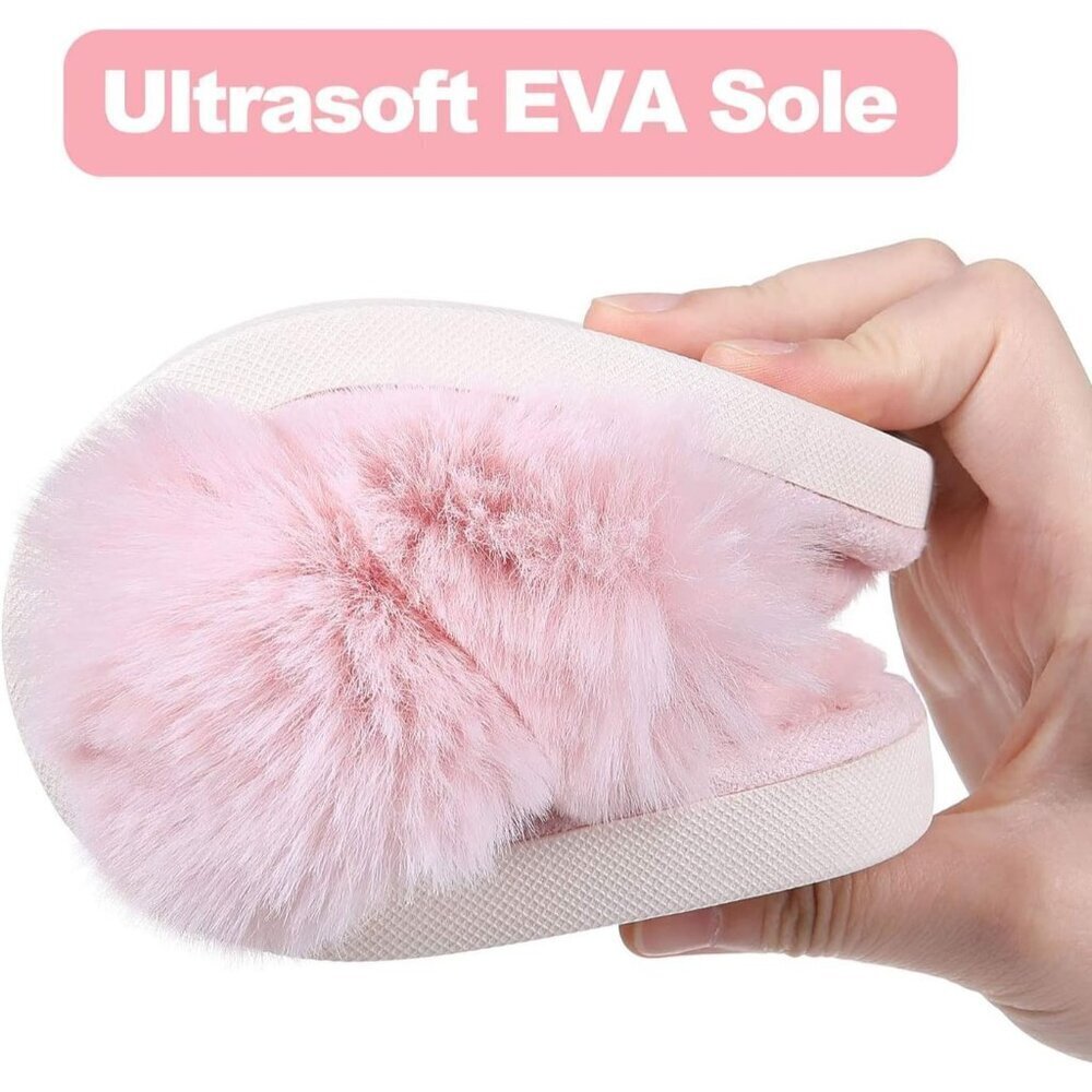 🆕Women's Pink Fuzzy Slippers Cross Band Memory Foam Faux-fur Open Toe Shoes - Picture 5 of 8